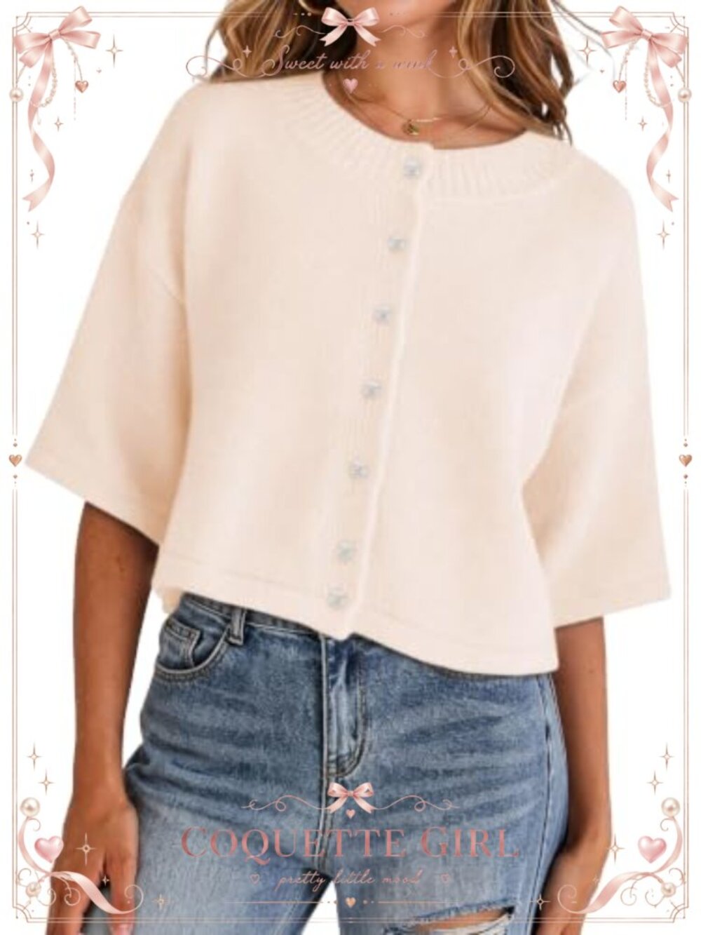Women's 3/4 Sleeve Cropped Cardigan – Lightweight Knit Button Down